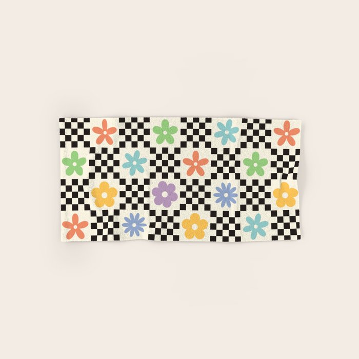 Retro Colorful Flower Double Checker Bath Towel Gallery Image 1