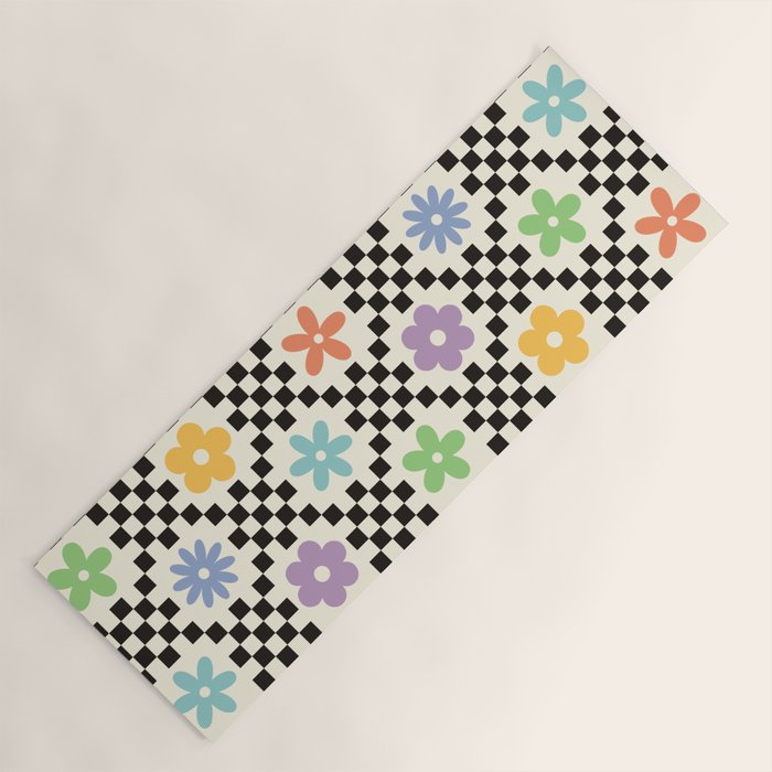 Retro Colorful Flower Double Checker Yoga Mat Gallery Image 1