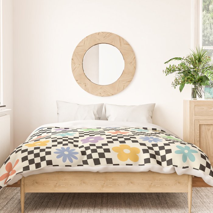Retro Colorful Flower Double Checker Duvet Cover Gallery Image 3