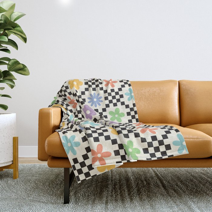Retro Colorful Flower Double Checker Throw Blanket Gallery Image 1