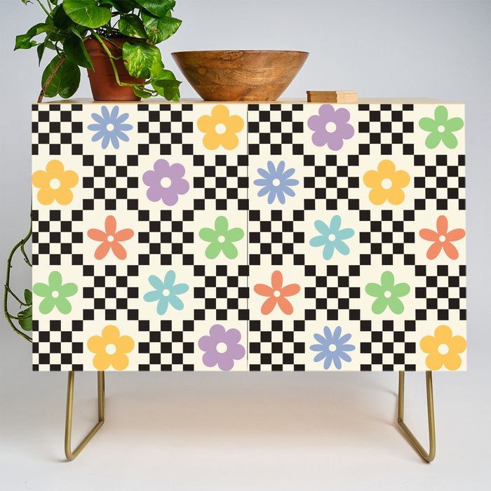 Retro Colorful Flower Double Checker Credenza Gallery Image 1