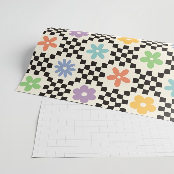 Retro Colorful Flower Double Checker Wrapping Paper Gallery Image 2