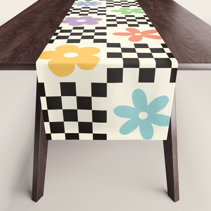 Retro Colorful Flower Double Checker Table Runner Gallery Image 1