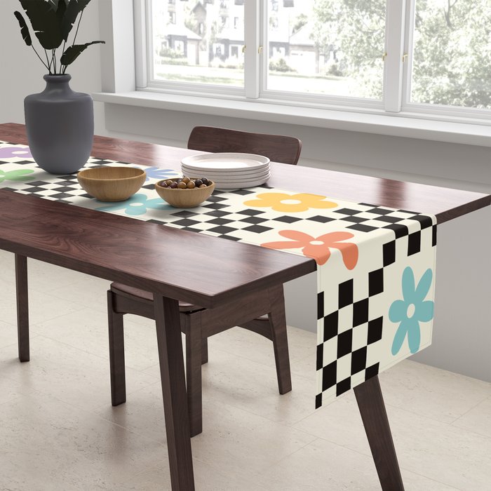 Retro Colorful Flower Double Checker Table Runner Gallery Image 2