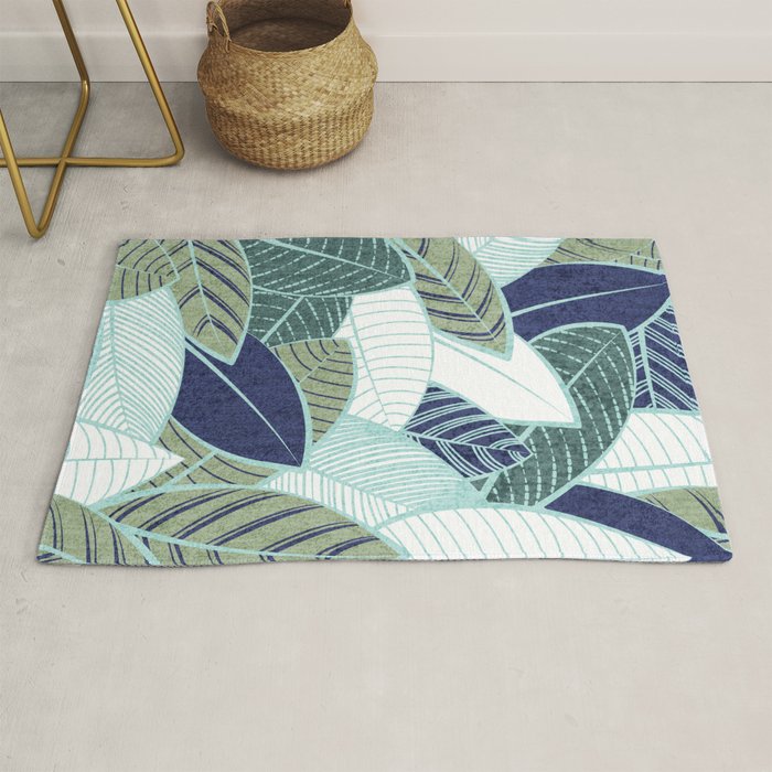 Leaf wall // navy blue pine and sage green leaves mint lines Rug Gallery Image 1