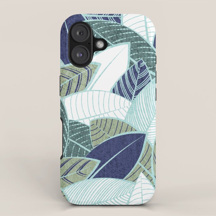 Leaf wall // navy blue pine and sage green leaves mint lines iPhone Case Gallery Image 1