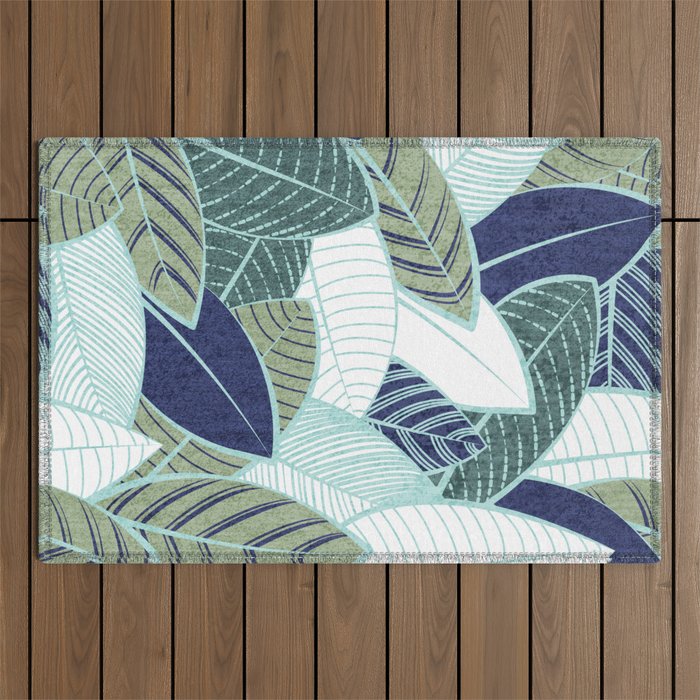 Leaf wall // navy blue pine and sage green leaves mint lines Outdoor Rug Gallery Image 1