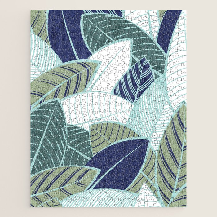 Leaf wall // navy blue pine and sage green leaves mint lines Jigsaw Puzzle
