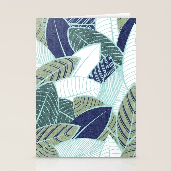 Leaf wall // navy blue pine and sage green leaves mint lines Stationery Card