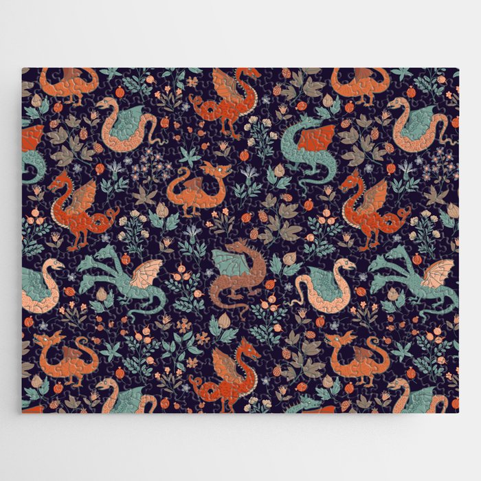 Dragons and Flowers Dark Purple Jigsaw Puzzle Gallery Image 1