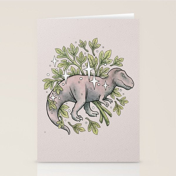 Tyrannosaurus & Sassafras | Dinosaur Botanical Art Stationery Card