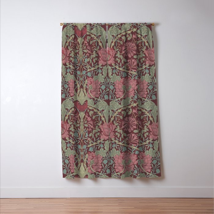 William Morris Vintage Honeysuckle & Tulip Burgundy Sage Floral Window Curtain Gallery Image 3