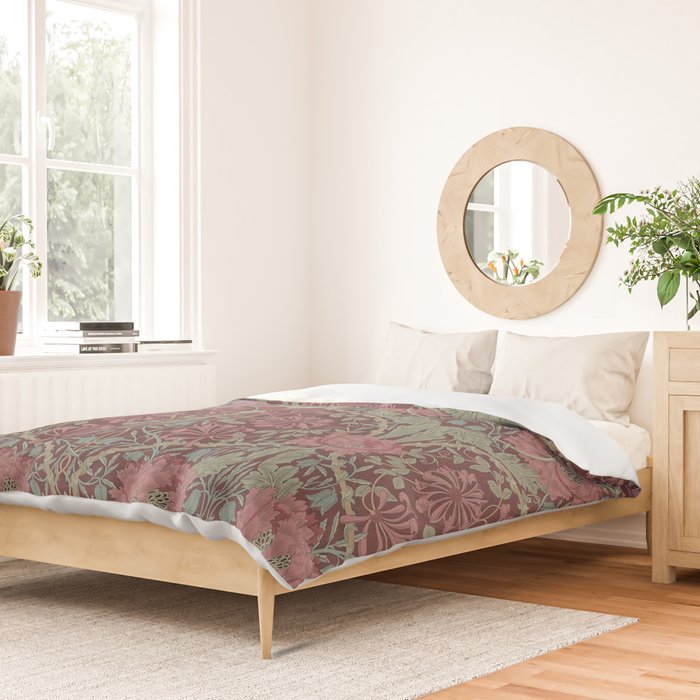 William Morris Vintage Honeysuckle & Tulip Burgundy Sage Floral Duvet Cover Gallery Image 2