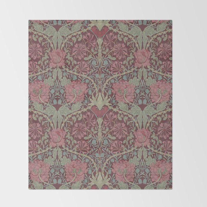 William Morris Vintage Honeysuckle & Tulip Burgundy Sage Floral Throw Blanket Gallery Image 2