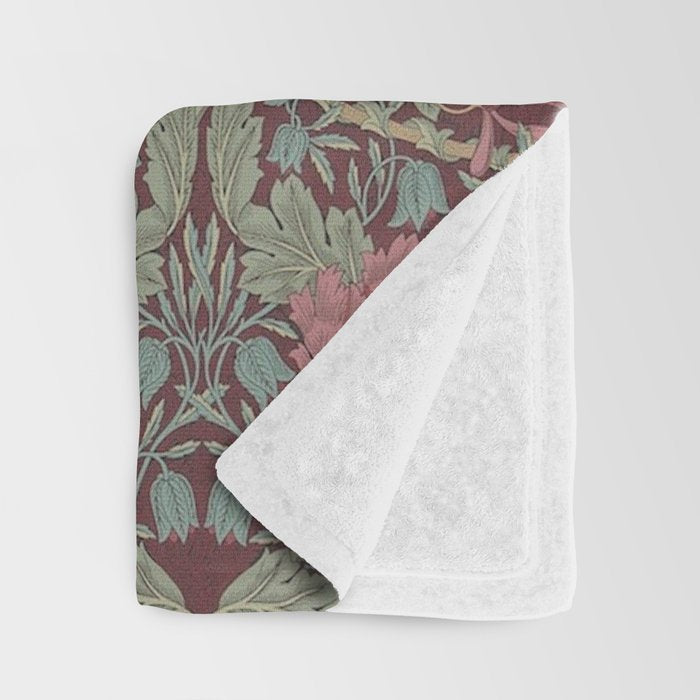 William Morris Vintage Honeysuckle & Tulip Burgundy Sage Floral Throw Blanket Gallery Image 3