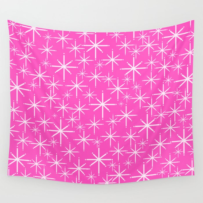 Hot Pink Mid Century Modern Twinkling Stars Retro Atomic Pattern Wall Tapestry Gallery Image 4