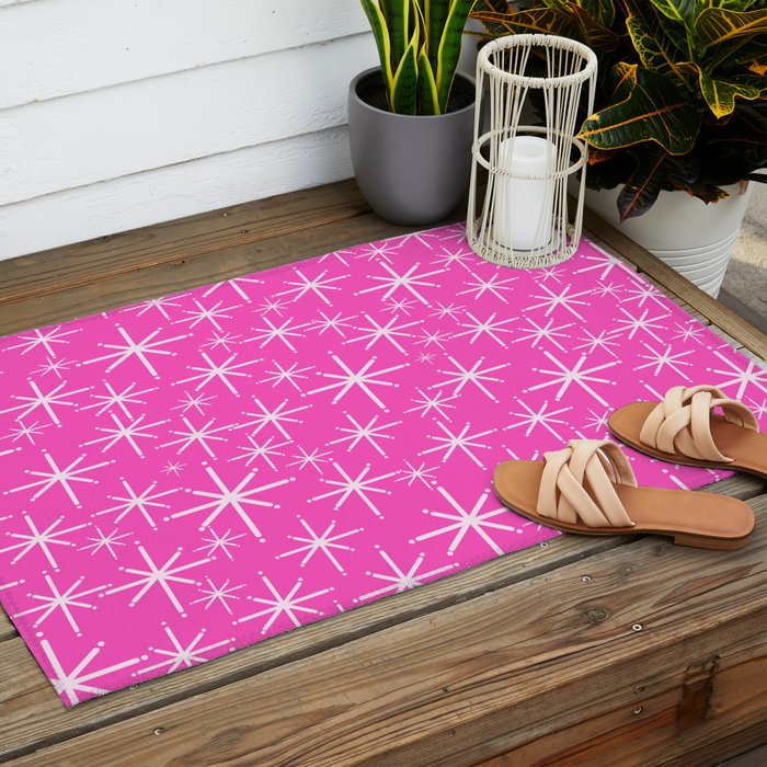 Hot Pink Mid Century Modern Twinkling Stars Retro Atomic Pattern Outdoor Rug Gallery Image 2