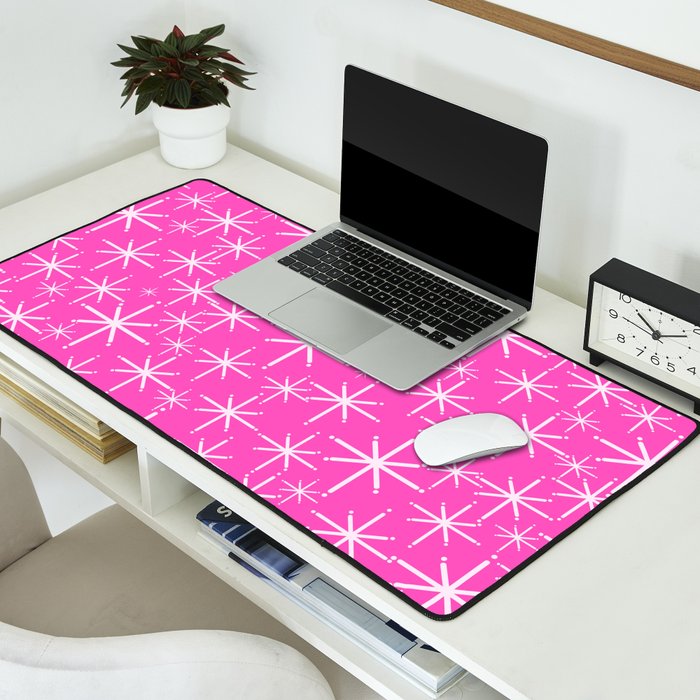 Hot Pink Mid Century Modern Twinkling Stars Retro Atomic Pattern Desk Mat Gallery Image 2