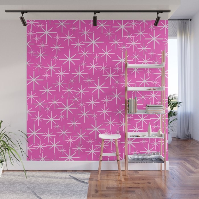 Hot Pink Mid Century Modern Twinkling Stars Retro Atomic Pattern Wall Mural Gallery Image 1