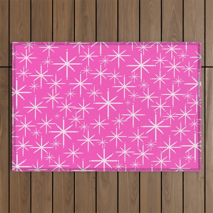 Hot Pink Mid Century Modern Twinkling Stars Retro Atomic Pattern Outdoor Rug Gallery Image 1