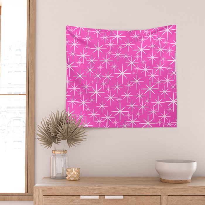 Hot Pink Mid Century Modern Twinkling Stars Retro Atomic Pattern Wall Tapestry Gallery Image 2