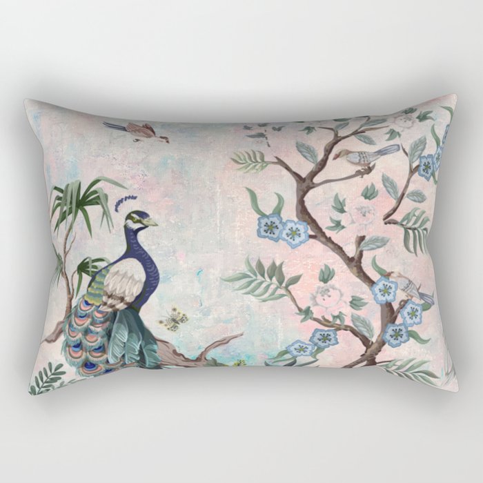 Chinoiserie Pastel Peacock Garden Fresco Rectangular Pillow Gallery Image 2