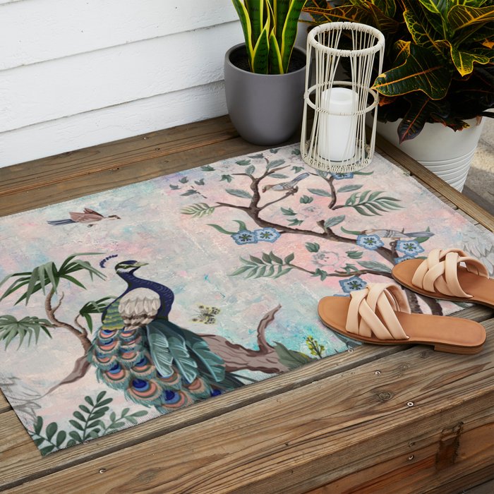Chinoiserie Pastel Peacock Garden Fresco Outdoor Rug Gallery Image 2