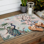 Chinoiserie Pastel Peacock Garden Fresco Outdoor Rug Gallery Image 2