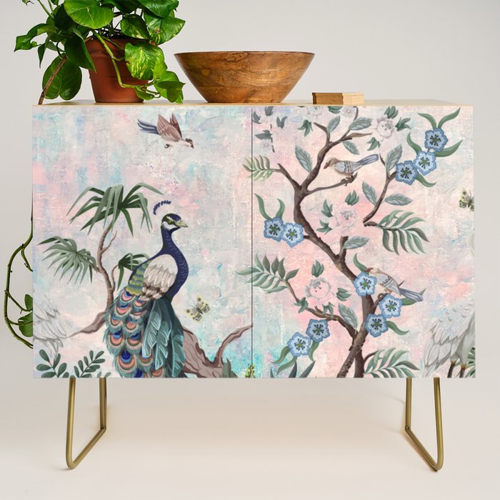 Chinoiserie Pastel Peacock Garden Fresco Credenza Gallery Image 1