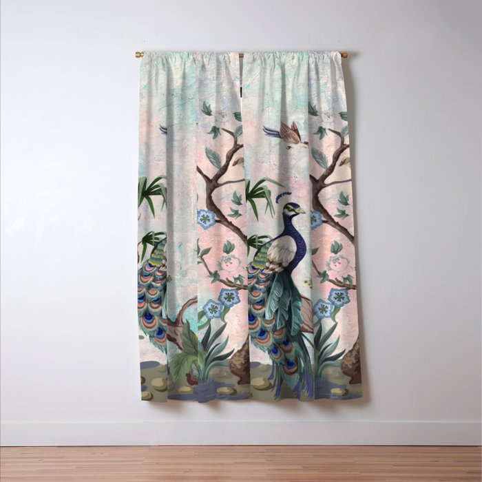 Chinoiserie Pastel Peacock Garden Fresco Window Curtain Gallery Image 3
