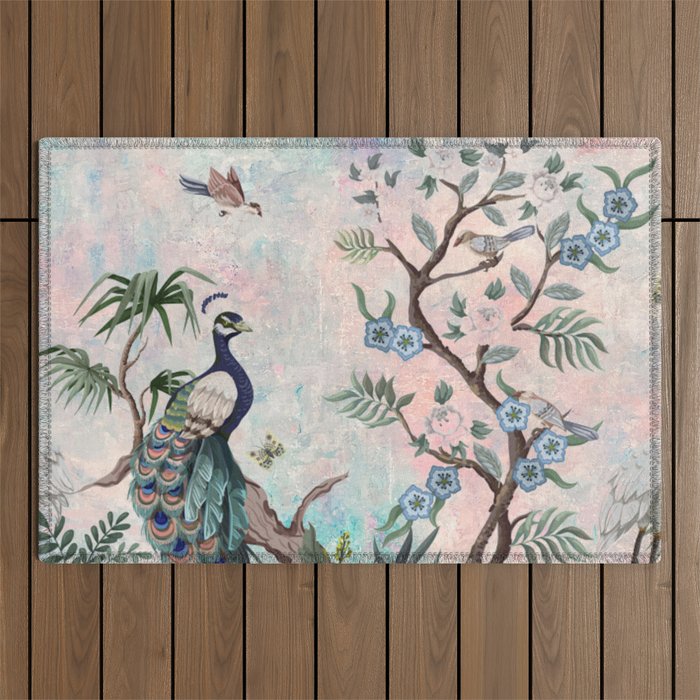 Chinoiserie Pastel Peacock Garden Fresco Outdoor Rug Gallery Image 1