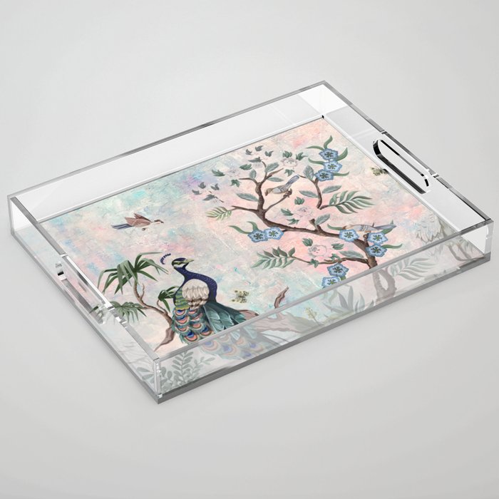 Chinoiserie Pastel Peacock Garden Fresco Acrylic Tray Gallery Image 1