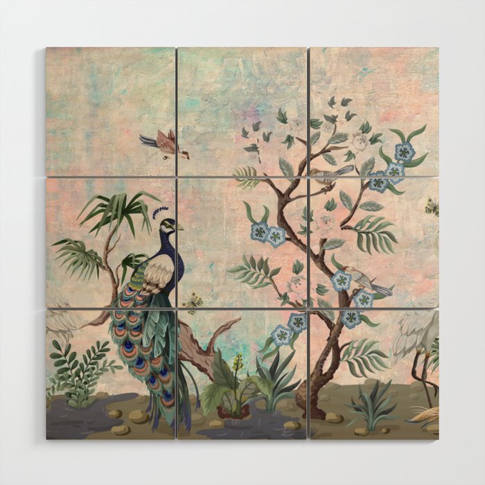 Chinoiserie Pastel Peacock Garden Fresco Wood Wall Art Gallery Image 1