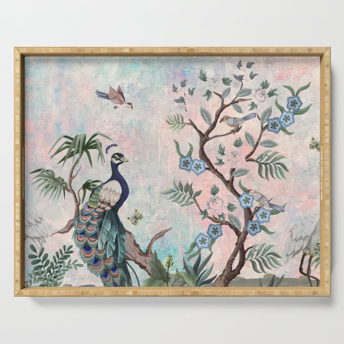 Chinoiserie Pastel Peacock Garden Fresco Serving Tray Gallery Image 1