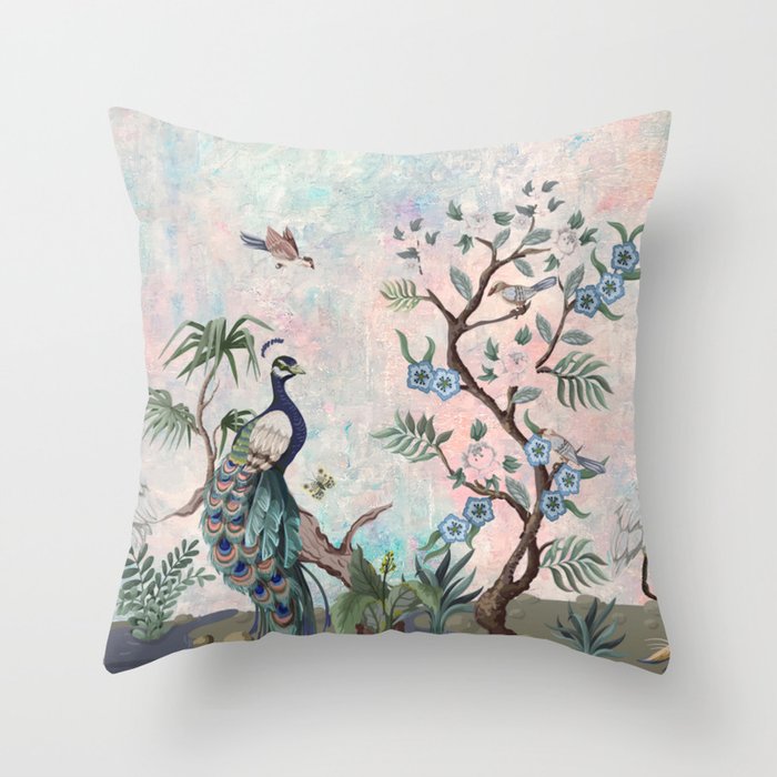 Chinoiserie Pastel Peacock Garden Fresco Throw Pillow Gallery Image 6