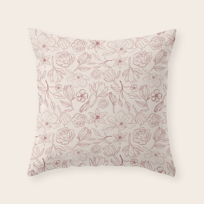 Burgundy Magnolia Pattern Throw Pillow Gallery Image 1
