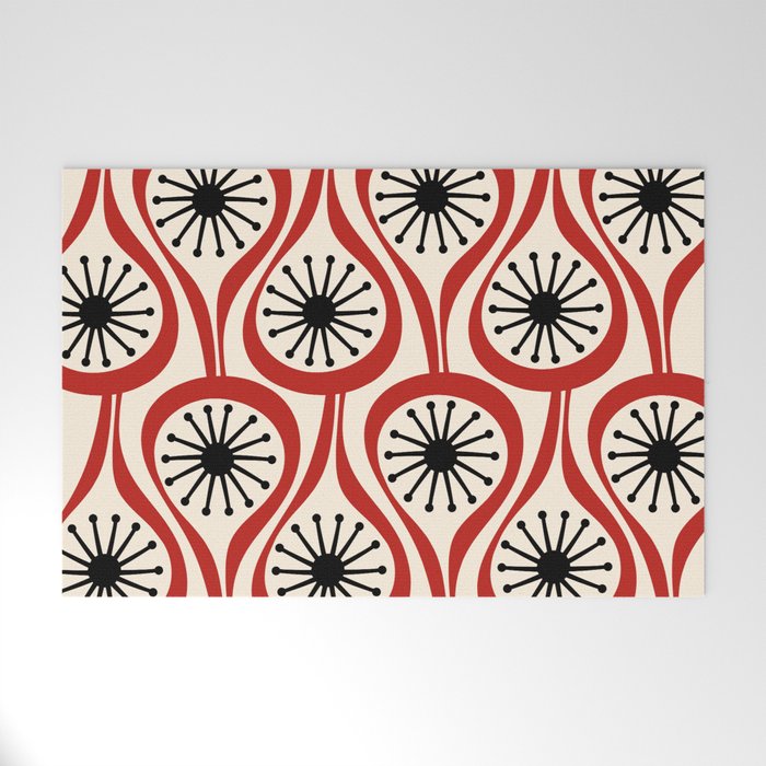 Mid Century Modern Atomic Drops Pattern in Red Black Cream Welcome Mat Gallery Image 1