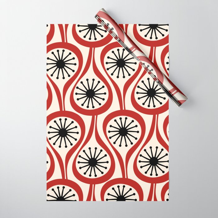 Mid Century Modern Atomic Drops Pattern in Red Black Cream Wrapping Paper Gallery Image 1