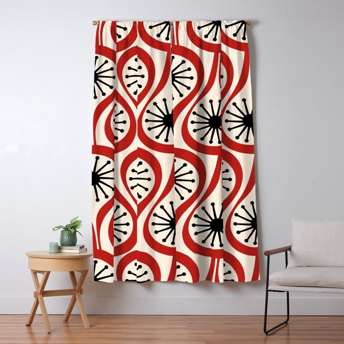 Mid Century Modern Atomic Drops Pattern in Red Black Cream Window Curtain Gallery Image 1