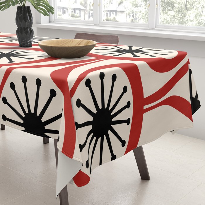 Mid Century Modern Atomic Drops Pattern in Red Black Cream Tablecloth Gallery Image 3