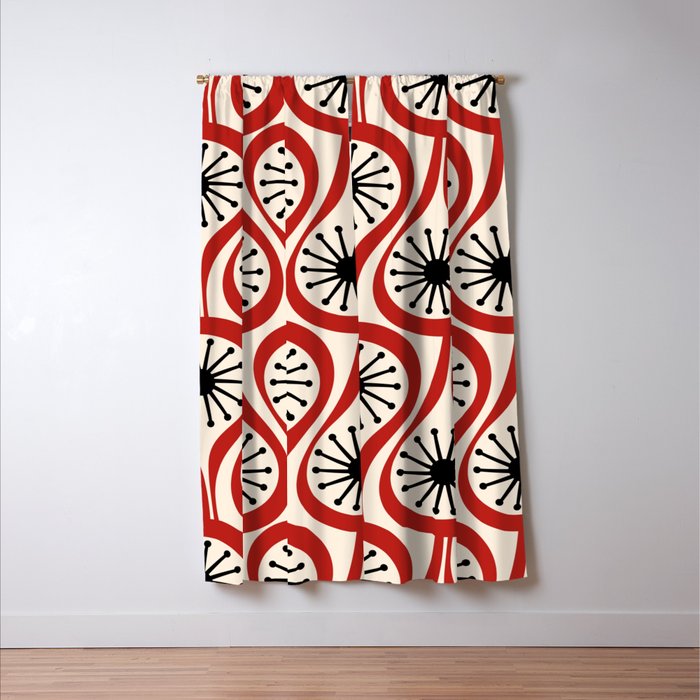 Mid Century Modern Atomic Drops Pattern in Red Black Cream Window Curtain Gallery Image 3