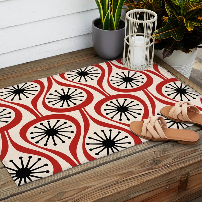 Mid Century Modern Atomic Drops Pattern in Red Black Cream Outdoor Rug Gallery Image 2