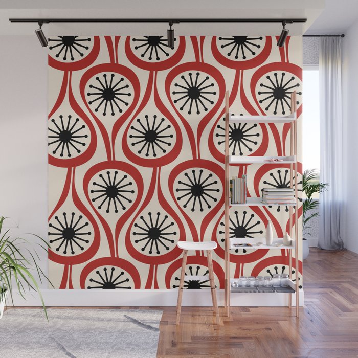 Mid Century Modern Atomic Drops Pattern in Red Black Cream Wall Mural Gallery Image 1