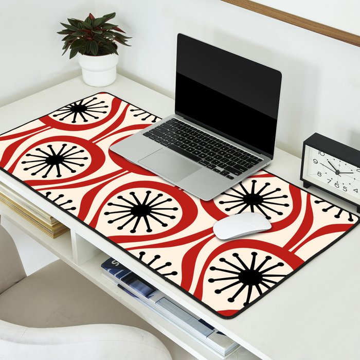 Mid Century Modern Atomic Drops Pattern in Red Black Cream Desk Mat Gallery Image 2