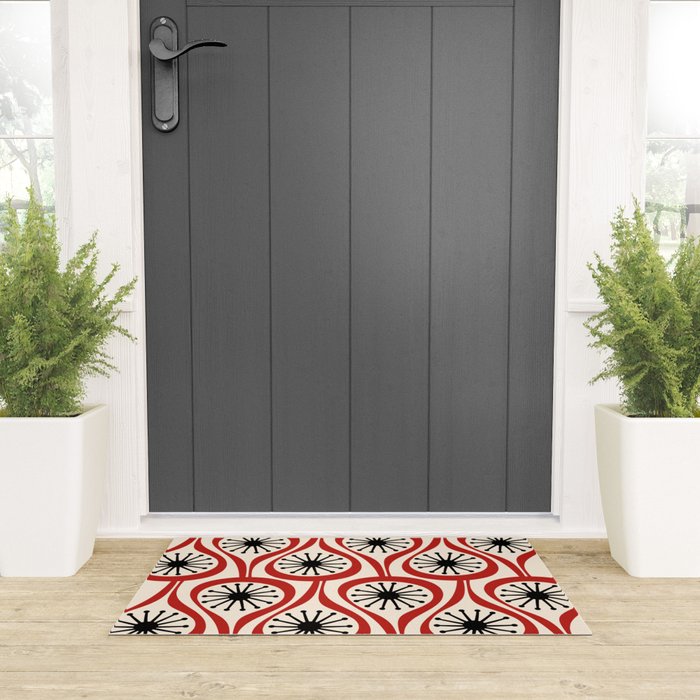 Mid Century Modern Atomic Drops Pattern in Red Black Cream Welcome Mat Gallery Image 3