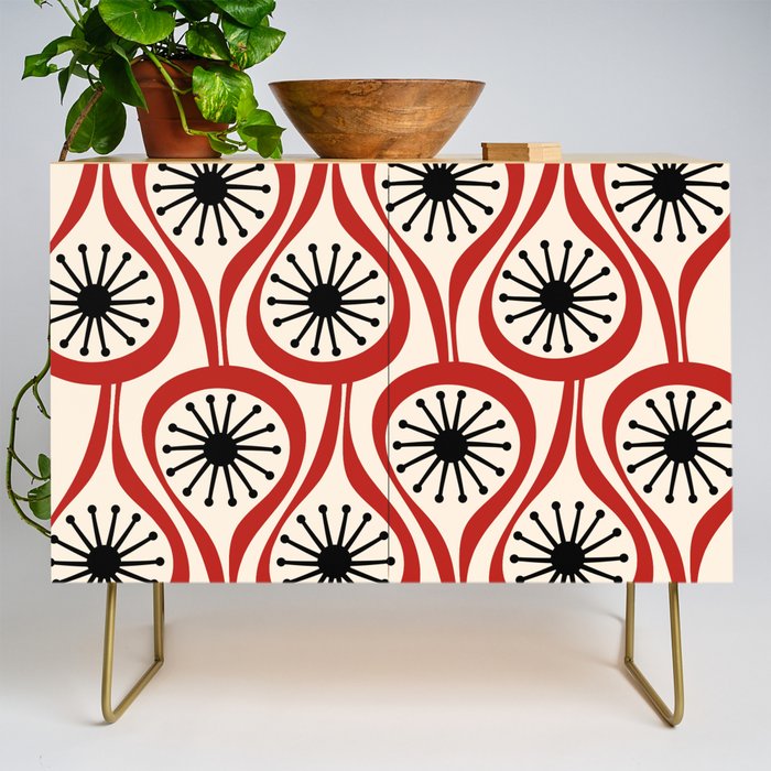 Mid Century Modern Atomic Drops Pattern in Red Black Cream Credenza Gallery Image 1