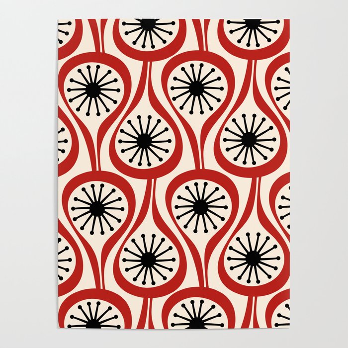 Mid Century Modern Atomic Drops Pattern in Red Black Cream Poster Gallery Image 1