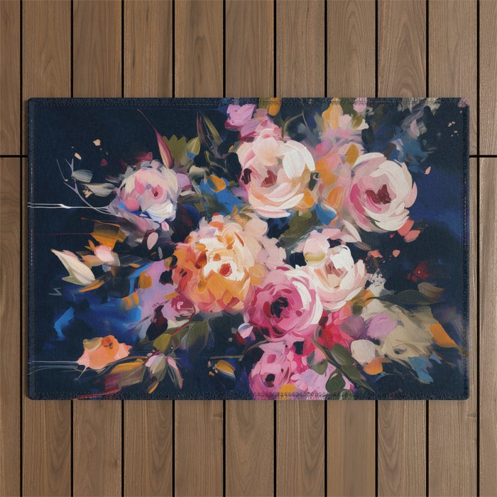 Splashes of Pink and Navy Flowery Art Outdoor Rug Gallery Image 1