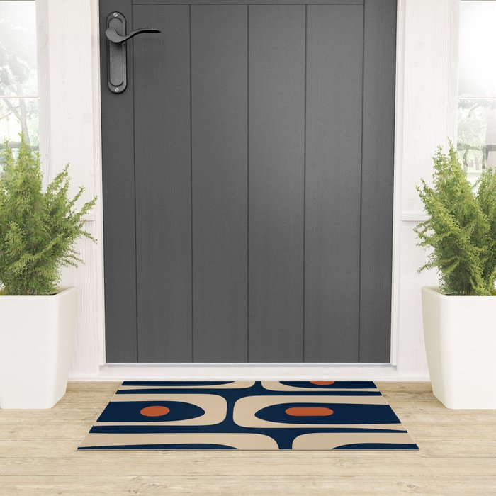 Minimalist Mid Century Modern Retro Piquet Pattern in Mid Mod Navy Blue Spiced Orange Beige Welcome Mat Gallery Image 3