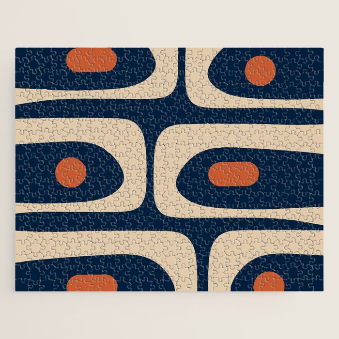 Minimalist Mid Century Modern Retro Piquet Pattern in Mid Mod Navy Blue Spiced Orange Beige Jigsaw Puzzle Gallery Image 1